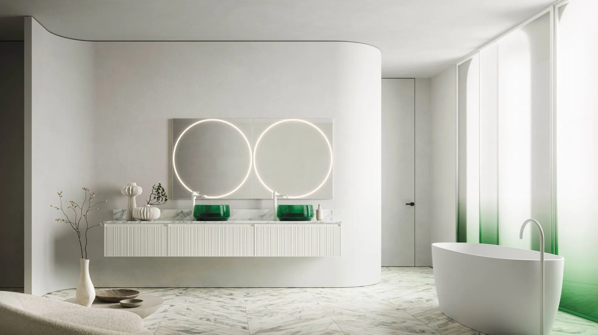 Mueble suspendido Arbi Absolute con dos lavabos y bañera exenta