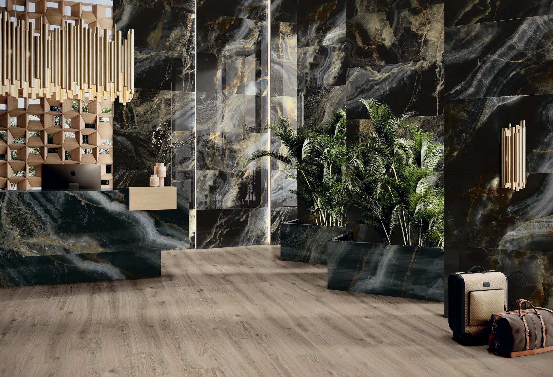 Recepción de hotel revestida de porcelánico efecto mármol negro