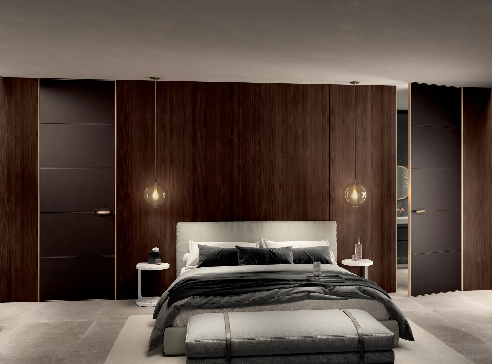 Dormitorio con paneles de pared y puertas ocultas
