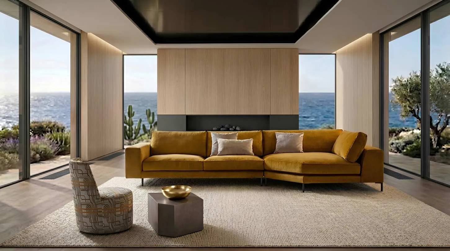 Salón junto al mar con un sofá mostaza