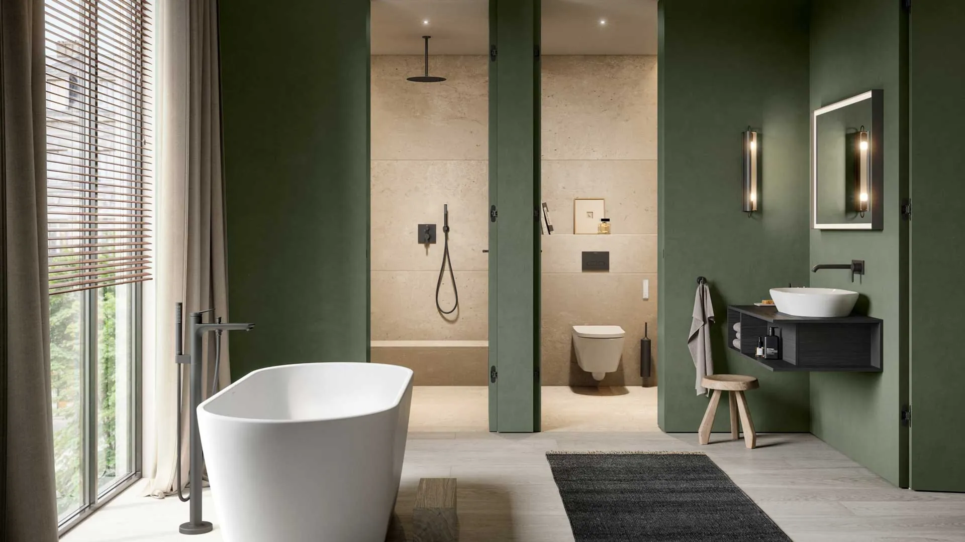 El baño completo: bañera, ducha, inodoro y lavabo
