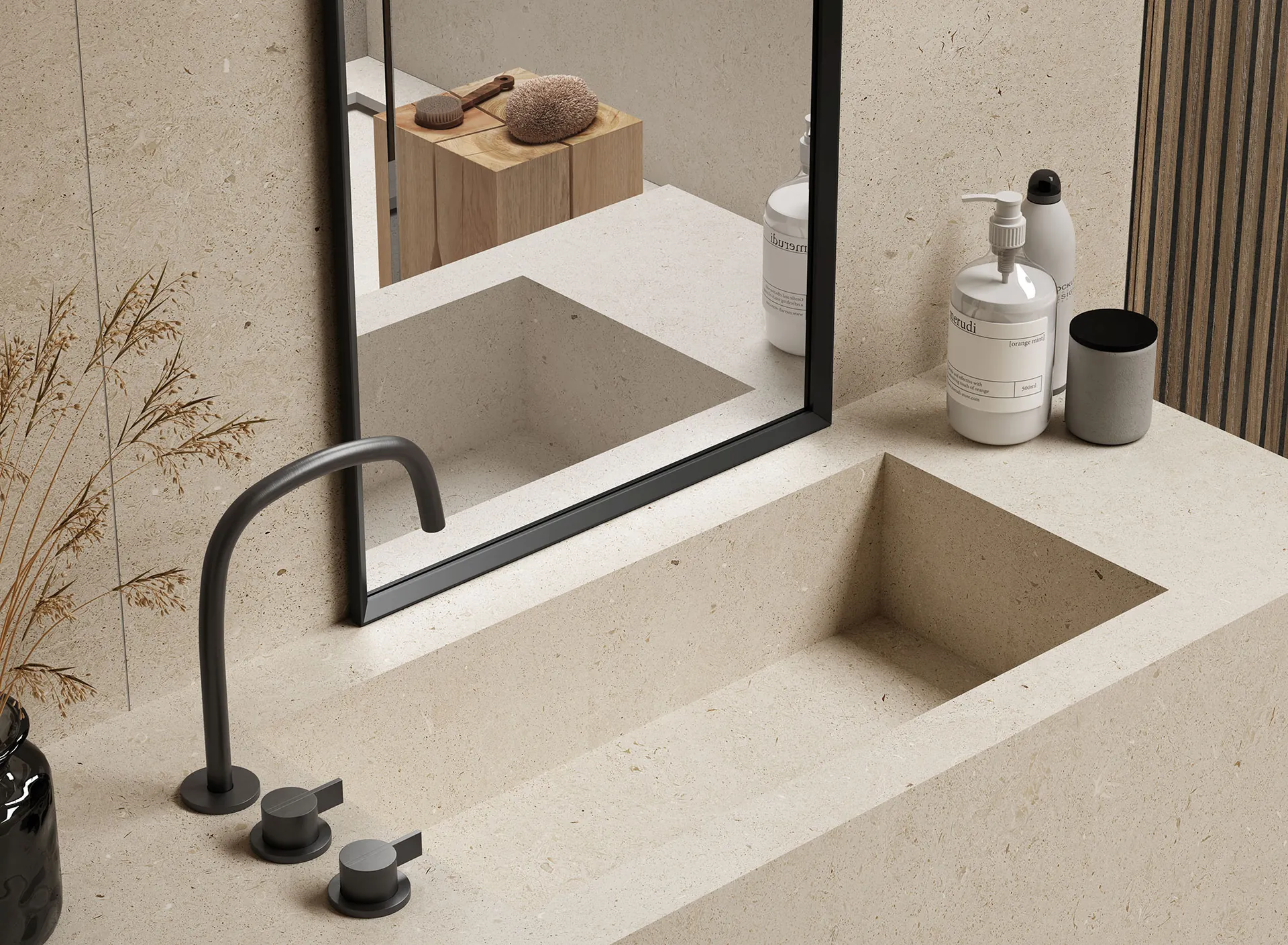 Lavabo integrado de cerámica Somport efecto piedra
