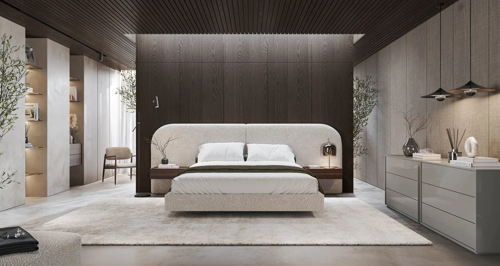 Dormitorio Laggi: cama con cabecero tapizado, mesitas y cómoda.