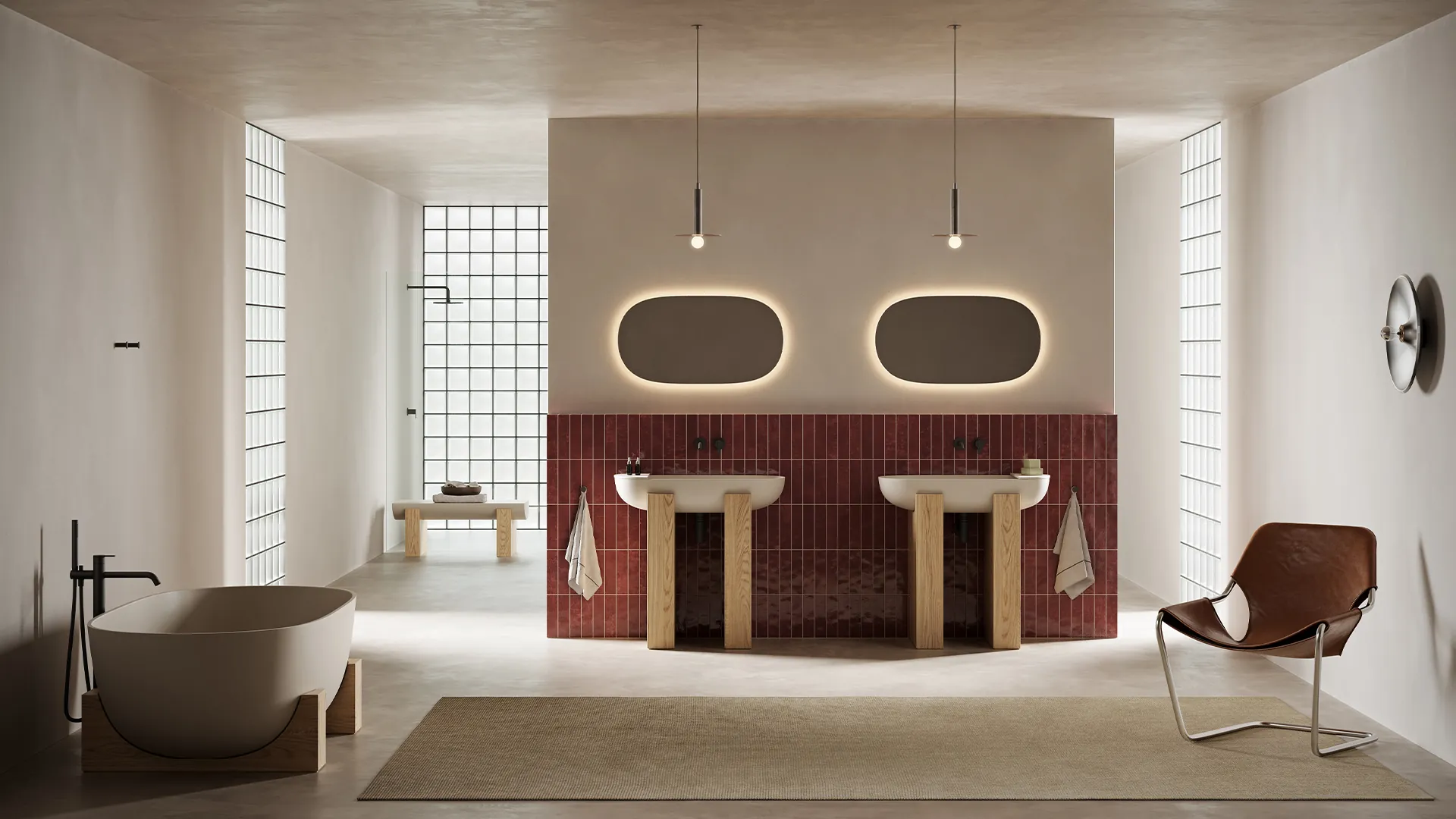 Baño ARA: dos lavabos, bañera y butaca