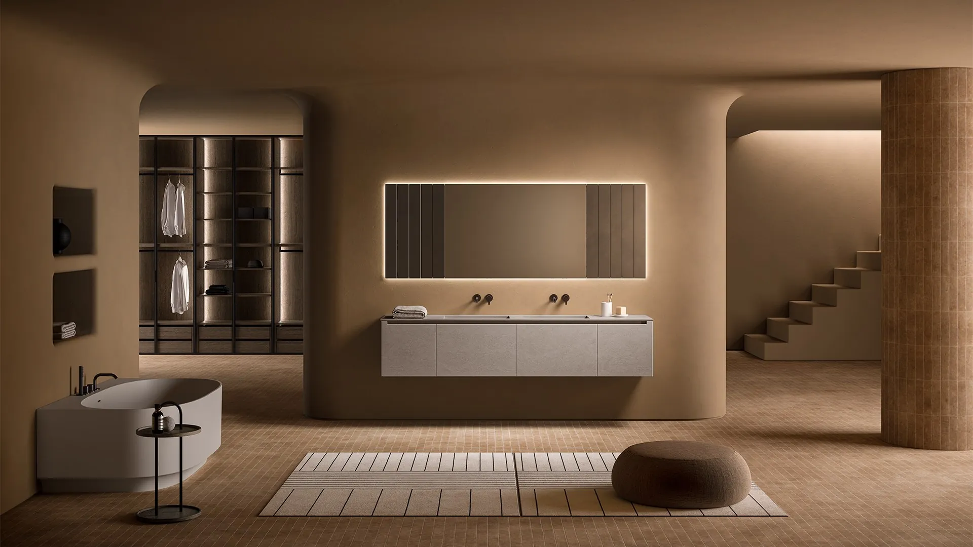 Baño con mobiliario Inbani Strato: mueble suspendido, espejo y bañera