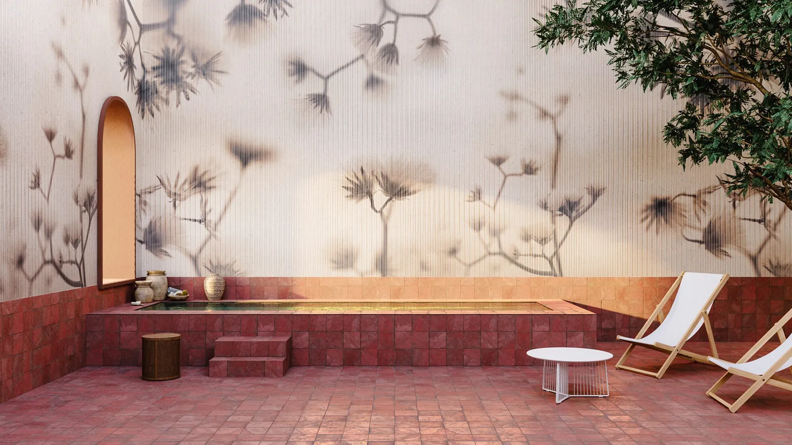 Papel pintado de Inkiostro Bianco en una pared junto a la piscina: un dibujo de sombras de ramas.