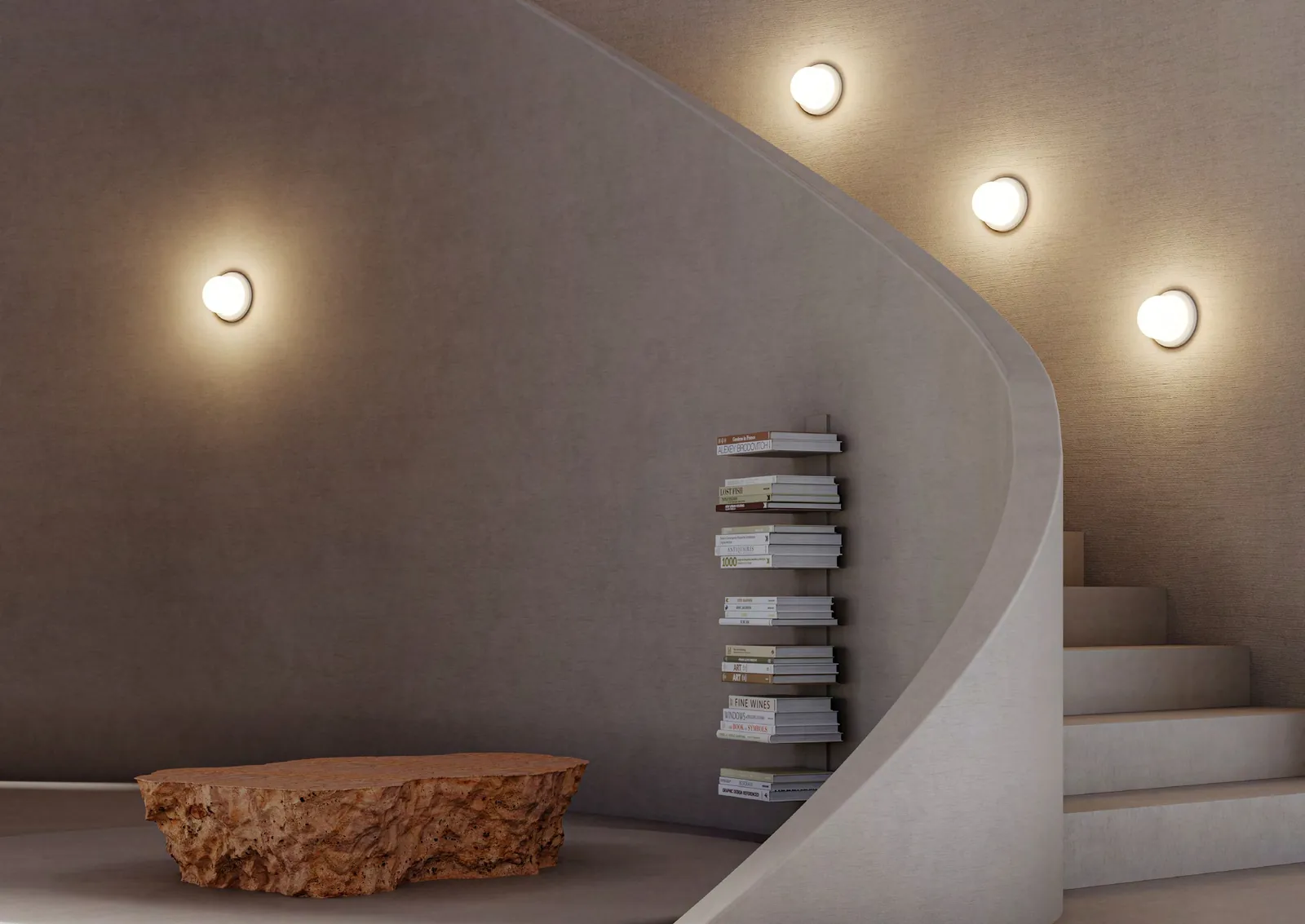 Luminarias Glassdome P-PL 11 en la pared junto a una escalera de caracol.
