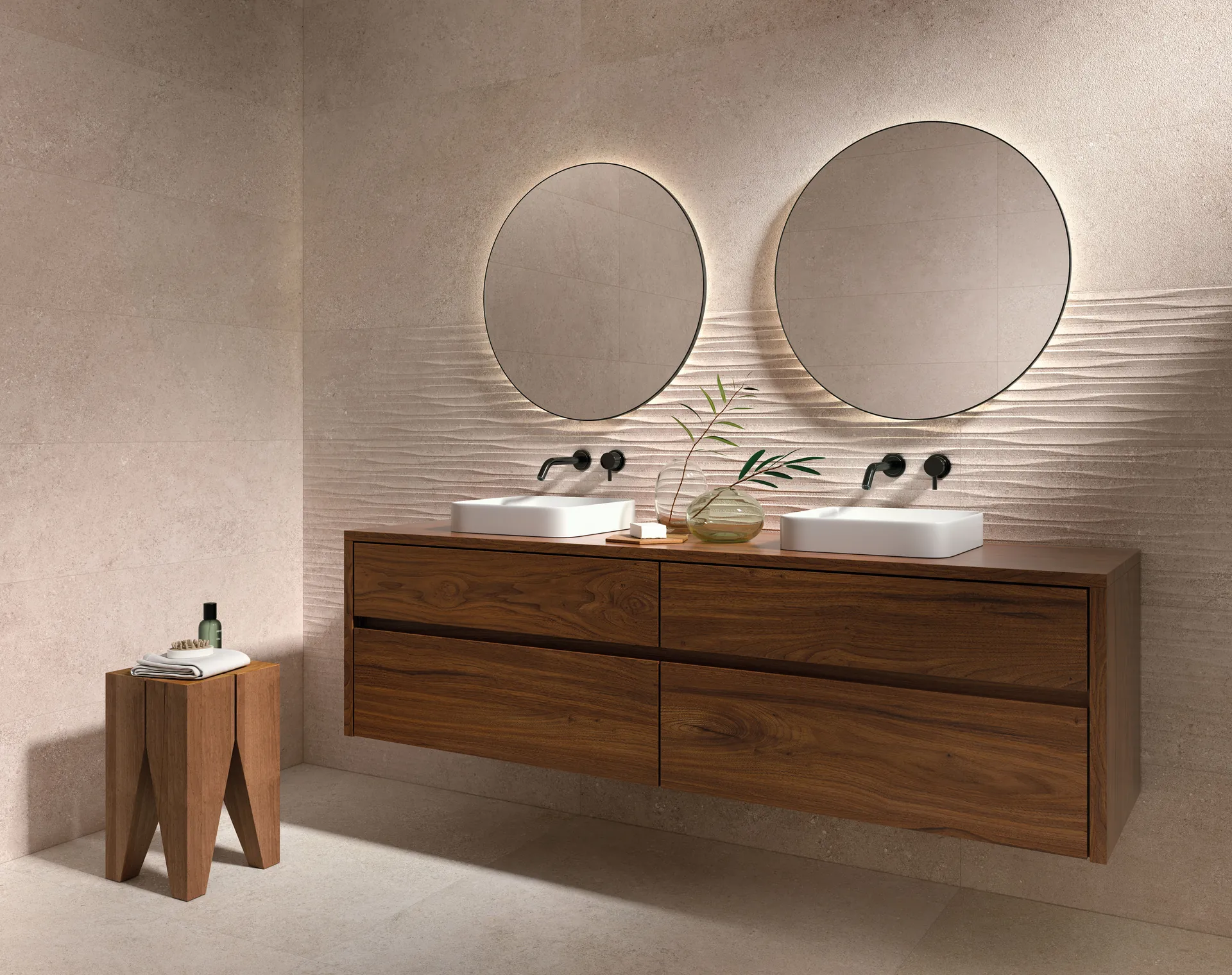 Baño con baldosas Cluny de relieve ondulado