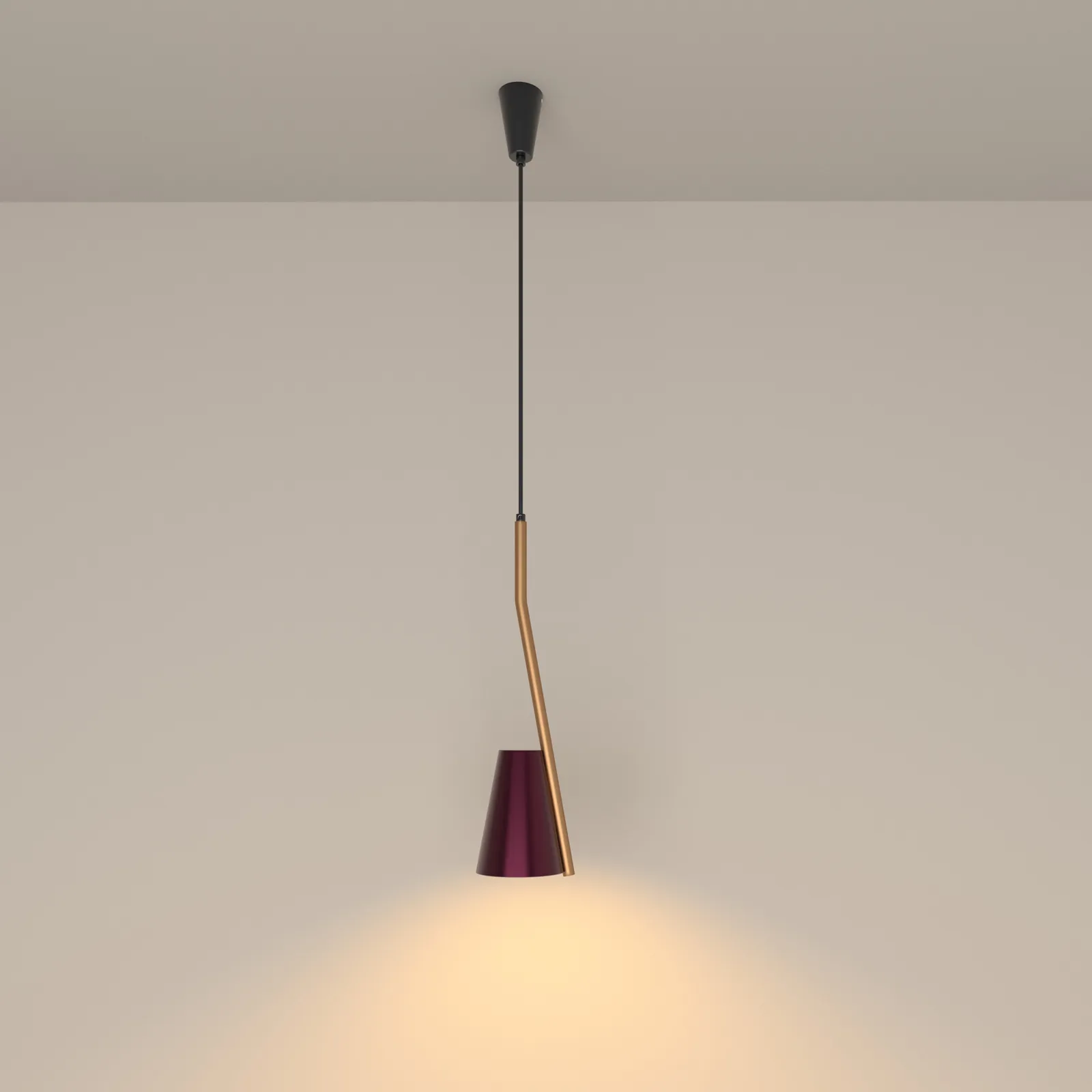 Colgante Tosca Sospensione: un cono en una varilla de cobre y una mancha de luz cálida en la pared.