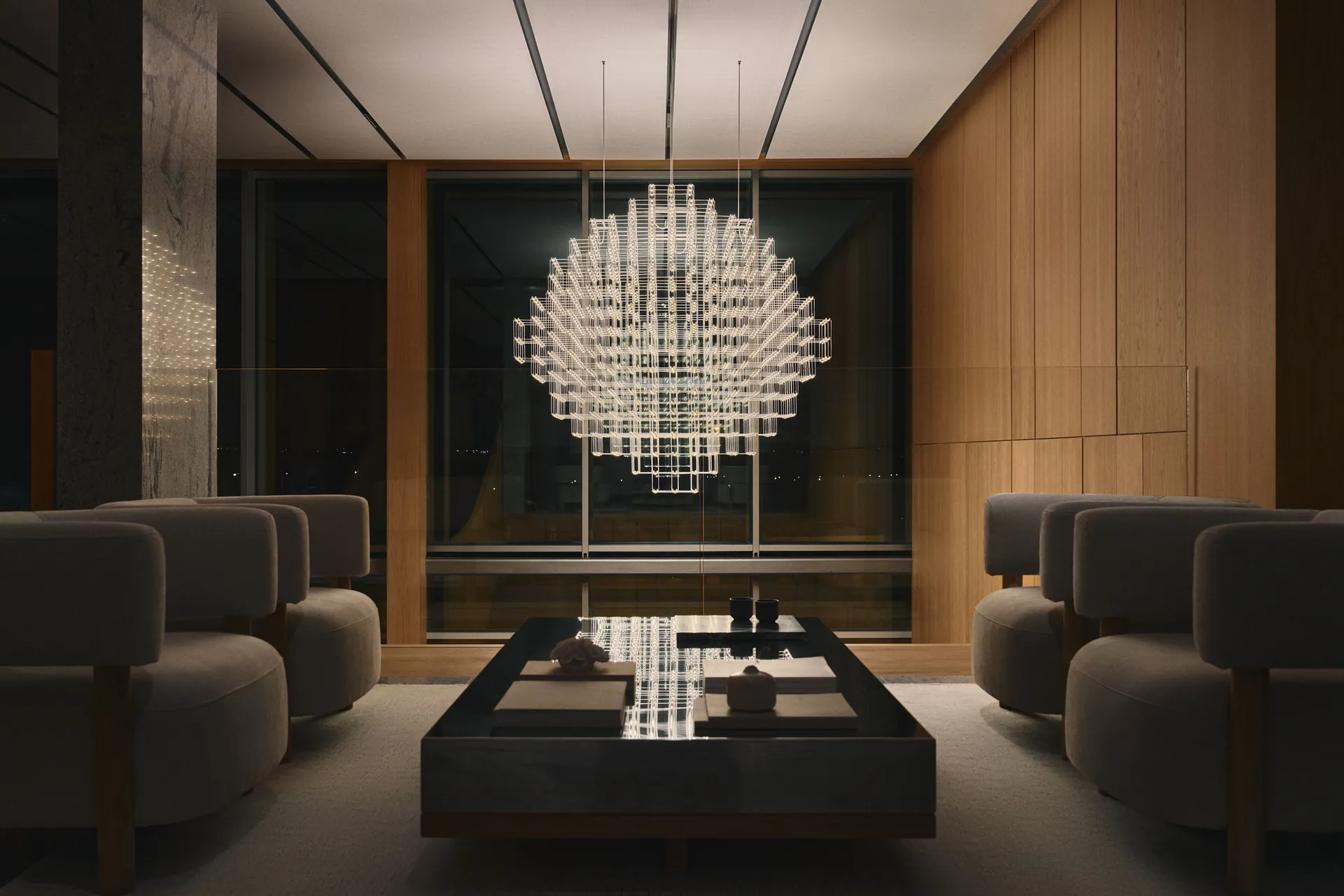 Colgante Pixel Sphere de Quasar en un salón de noche con paneles de madera