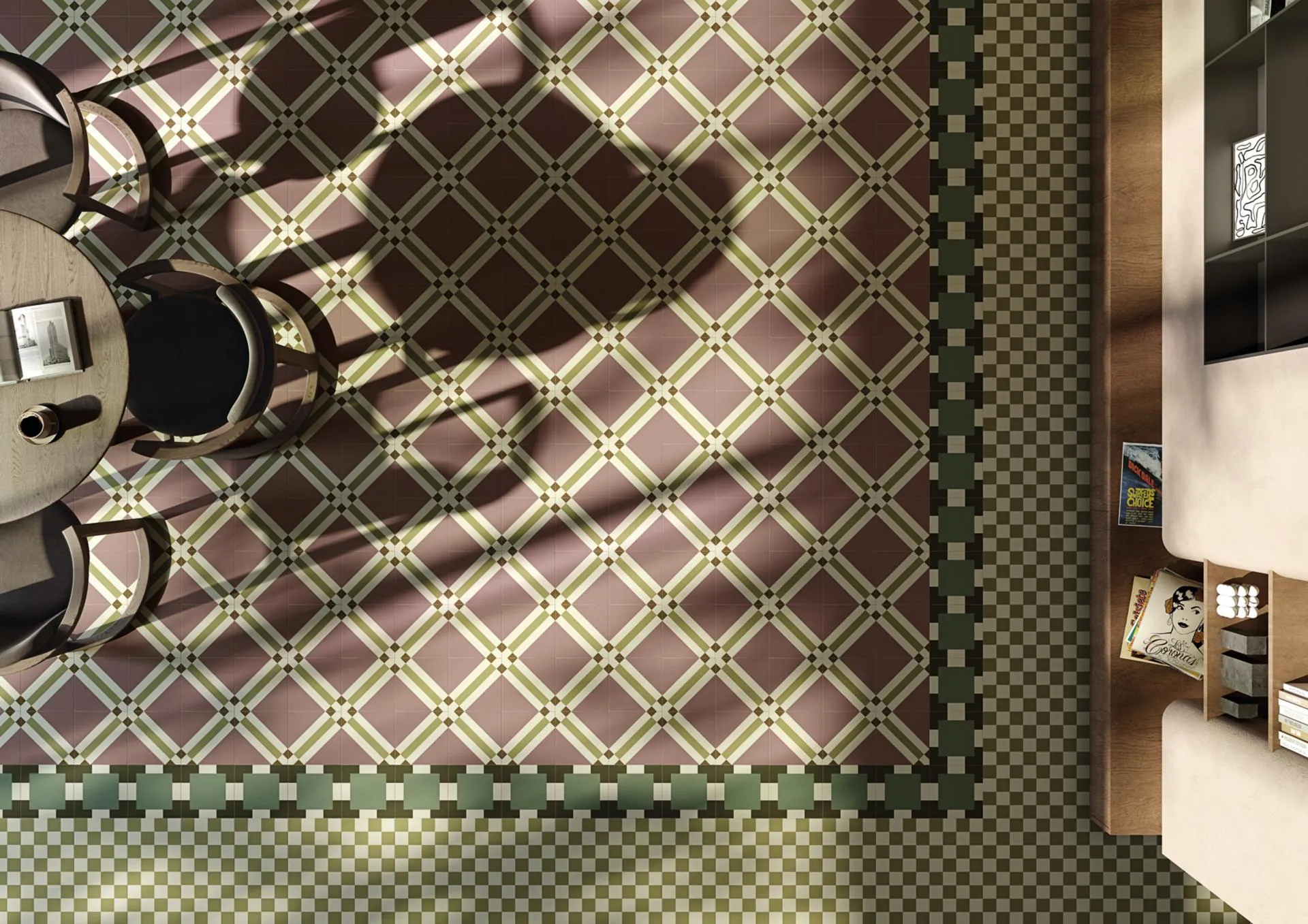 Cement-tile floor with a border, seen from above