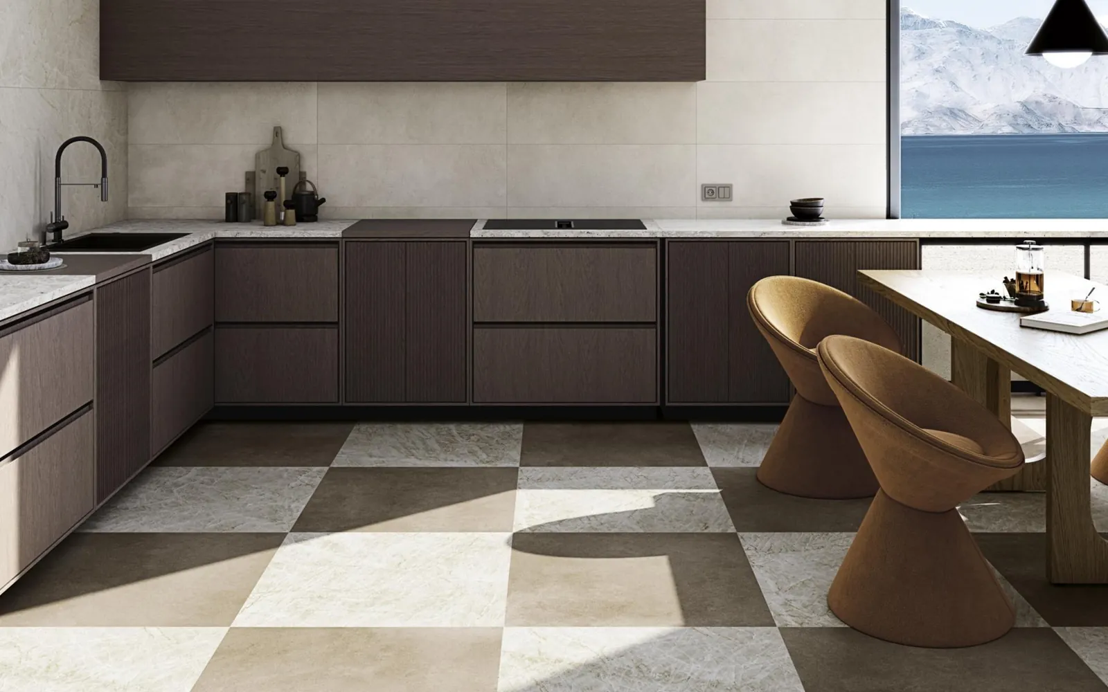 Vives Cerámica: a kitchen with a chequerboard floor