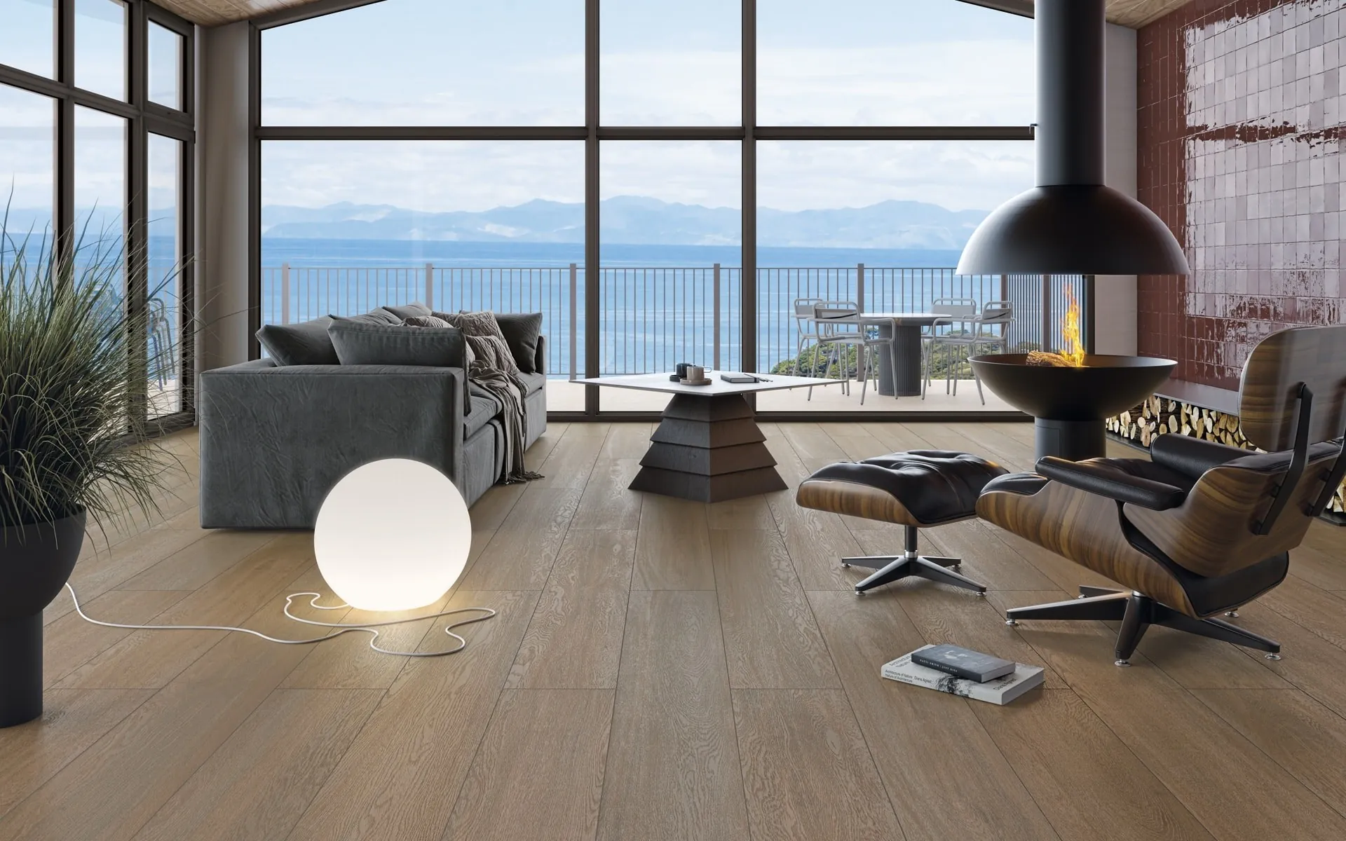 Living room with a Vives Lignum wood-look porcelain floor