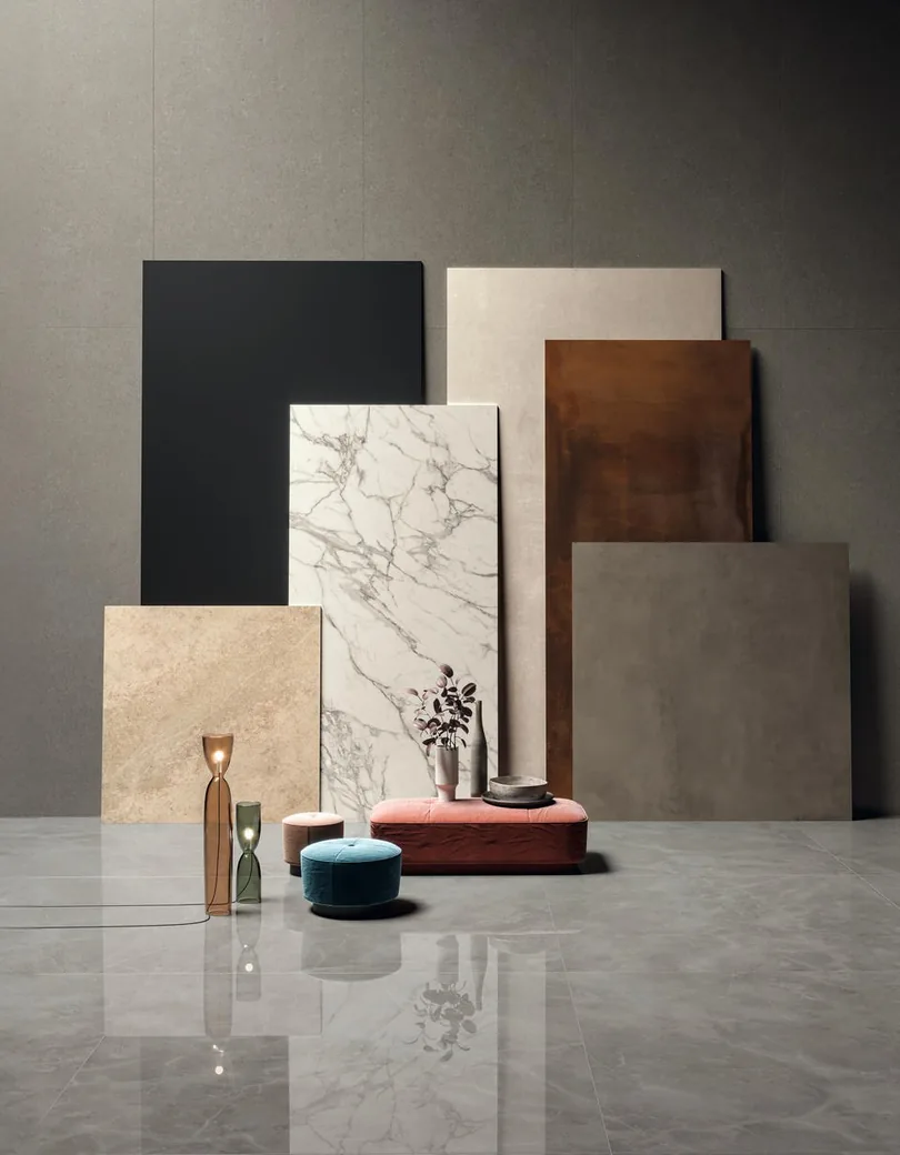 Porcelain tile boxes with the shade and calibre codes on the side
