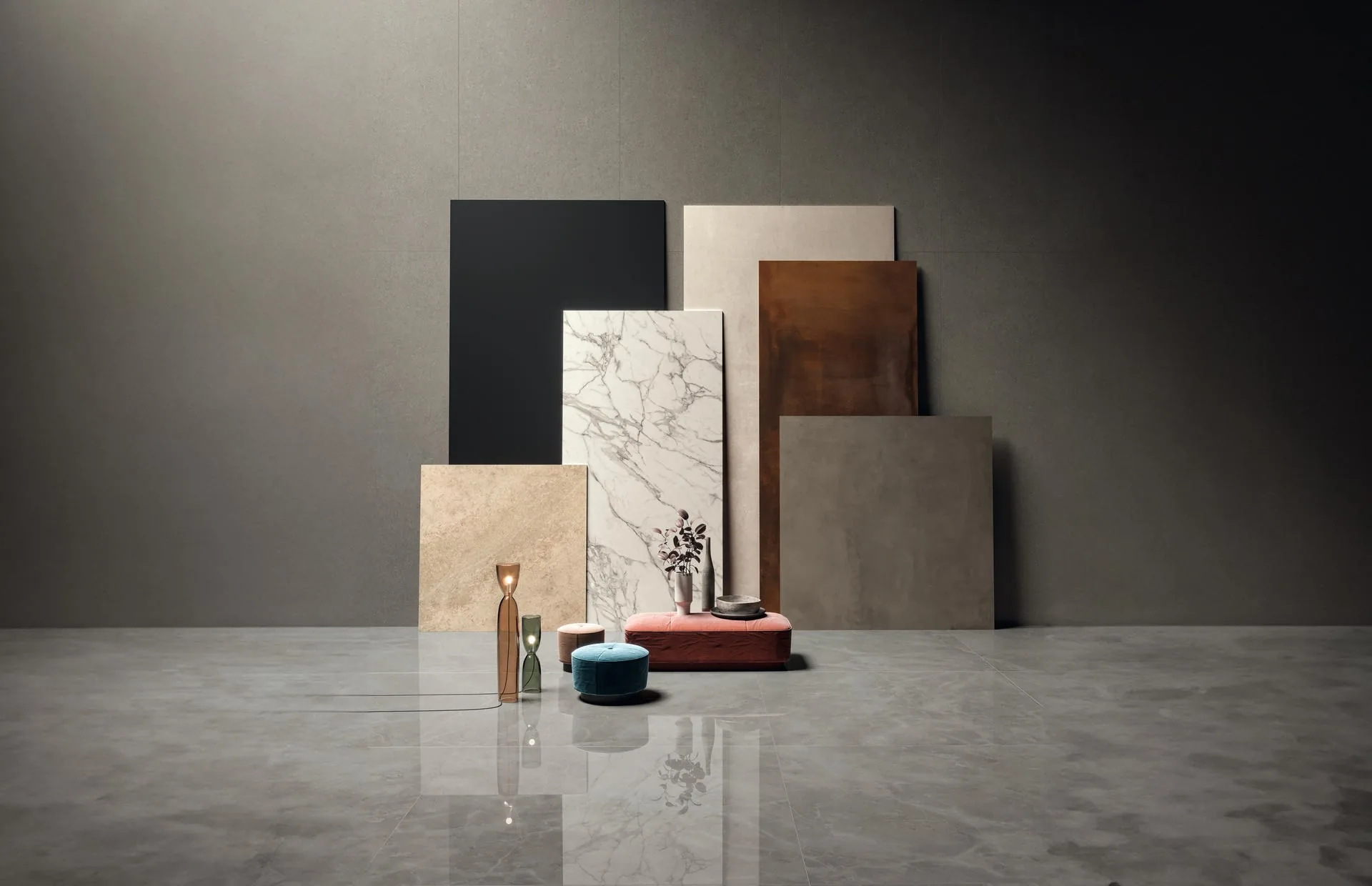 Porcelain tile boxes with the shade and calibre codes on the side